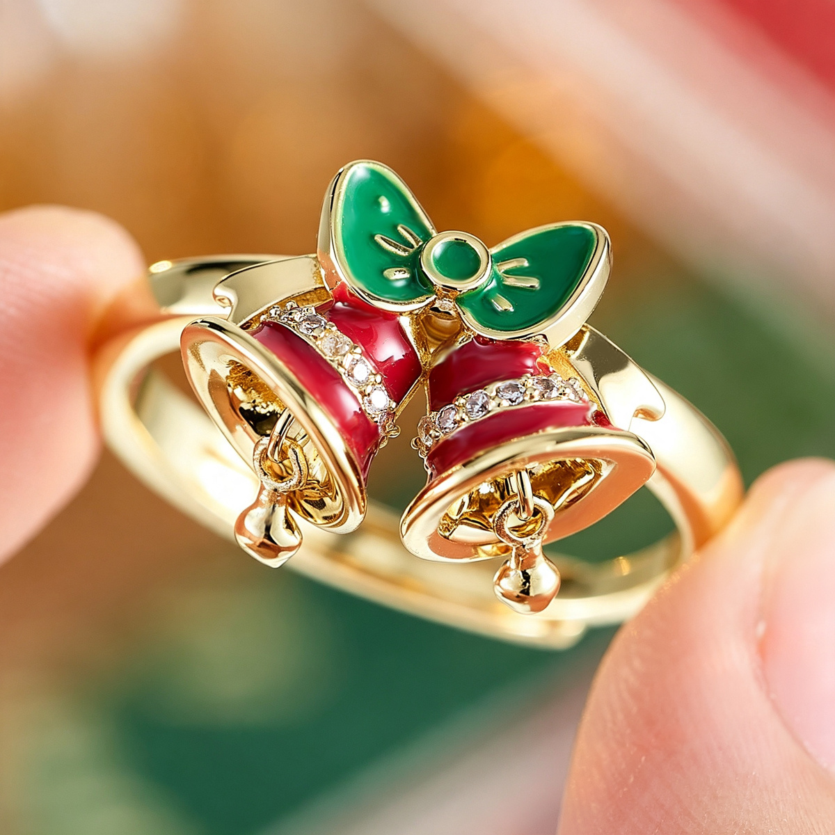 Women's Christmas-Themed Bell Ring, Copper Open Ring